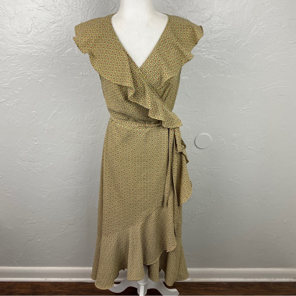 Max Studio yellow heart print ruffle trim Maxi Wrap dress size Large